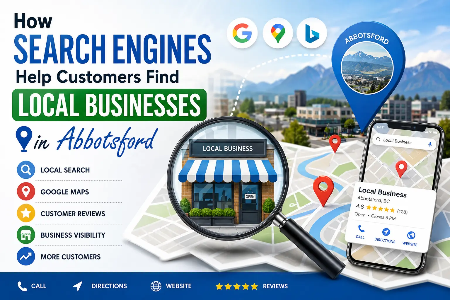 how search engines help customers find local businesses in Abbotsford through Google Search, Google Maps, reviews, and local SEO